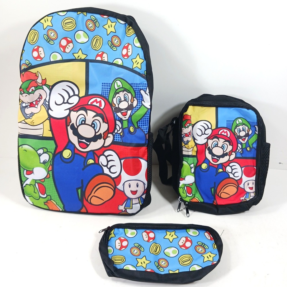 Super Mario Bros 3 Piece Backpack Set Lunch Bag Pencil Case Nintendo Characters